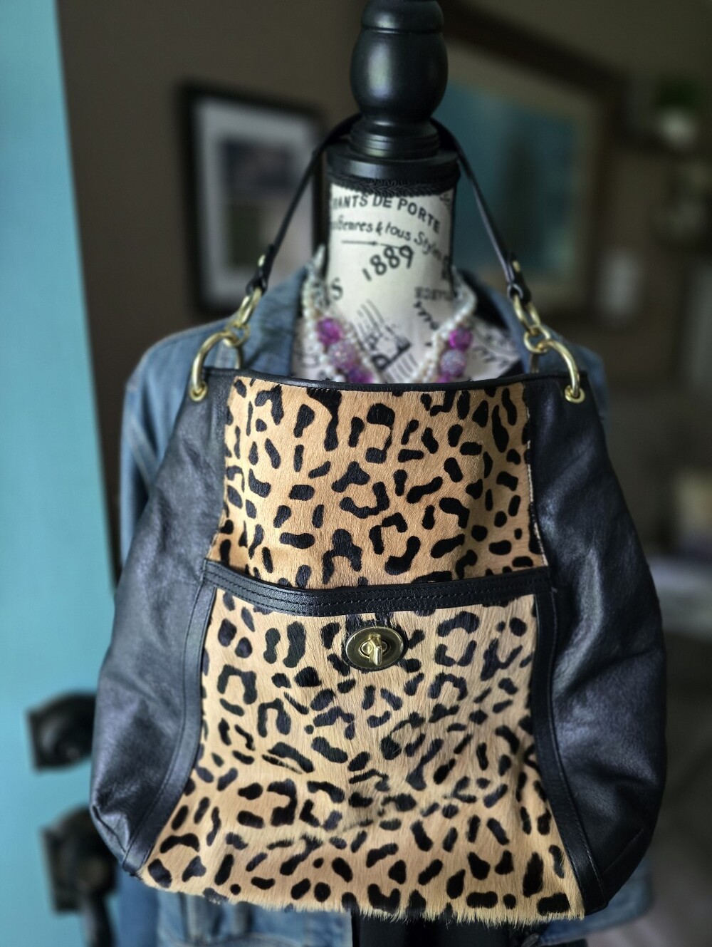 Coach Leopard Print Hobo Bag with Black Leather Trim